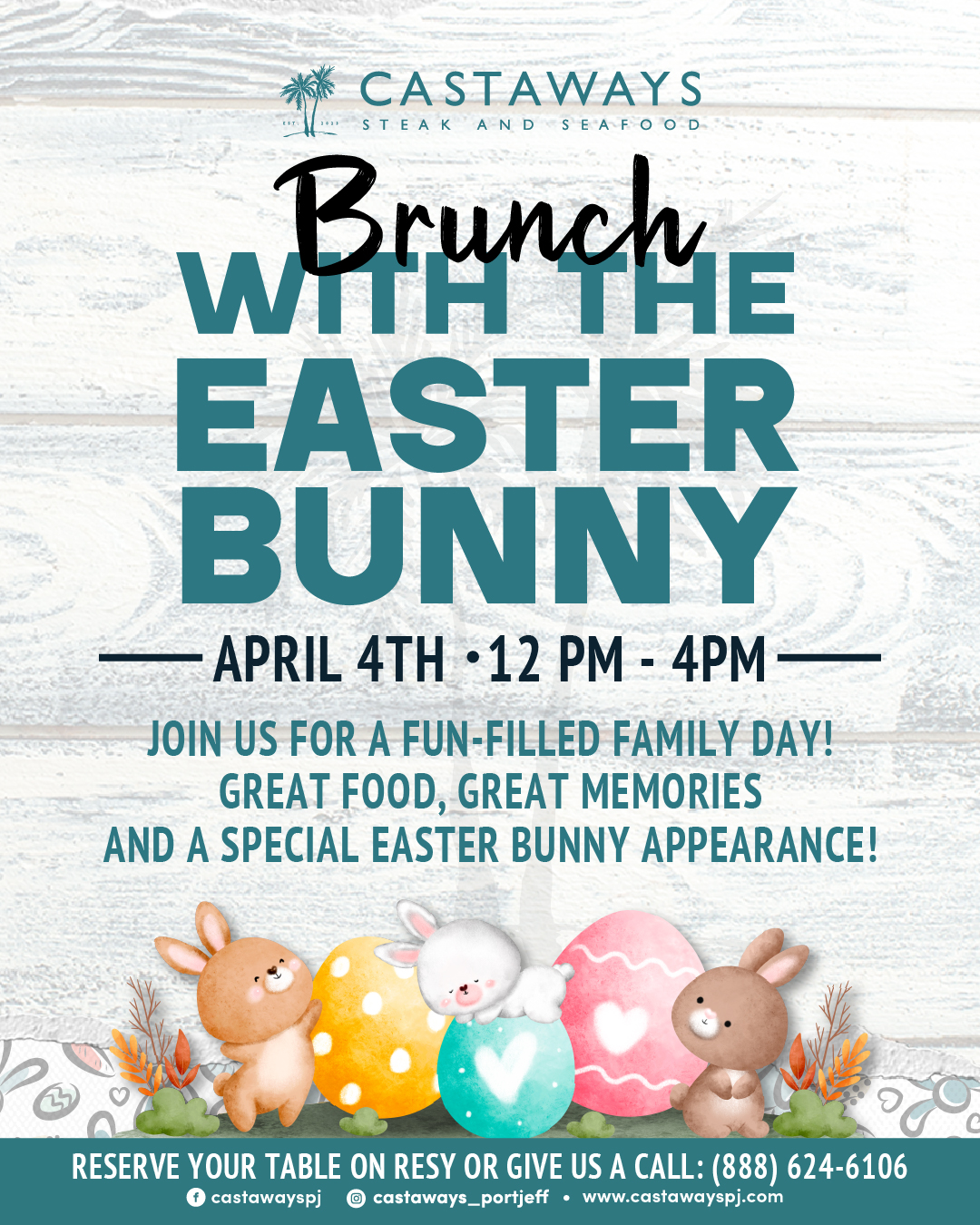 Join us for Easter brunch and a special visit from the Easter Bunny. Reserve on Resy or call (888) 624-6106.