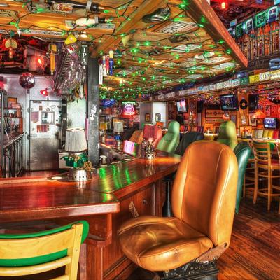 Colorful retro bar with wooden counters and vintage decor