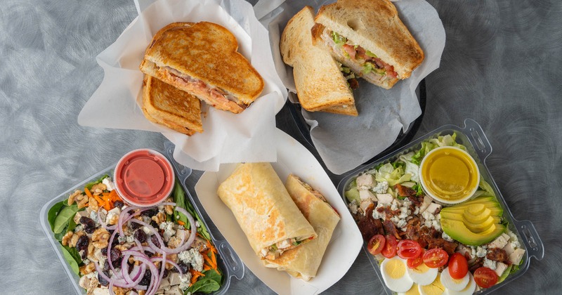 Assorted dishes, overhead view