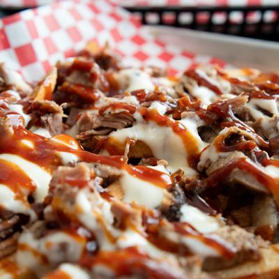 BBQ pulled pork fries, closeup.