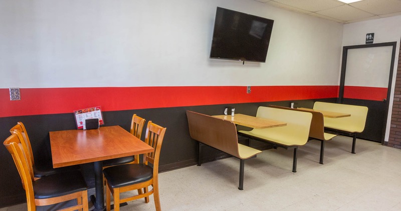 Interior, dining tables and seating, wall TV