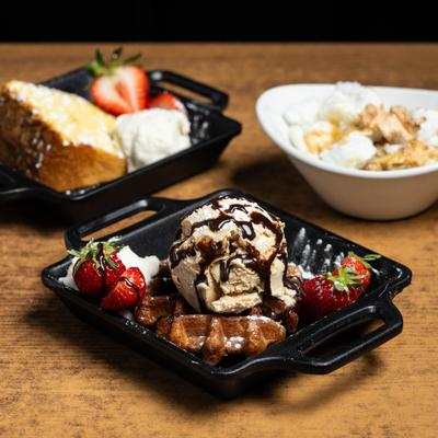 Waffle with Ice Cream served alongside Pound Cake and Banana Pudding.