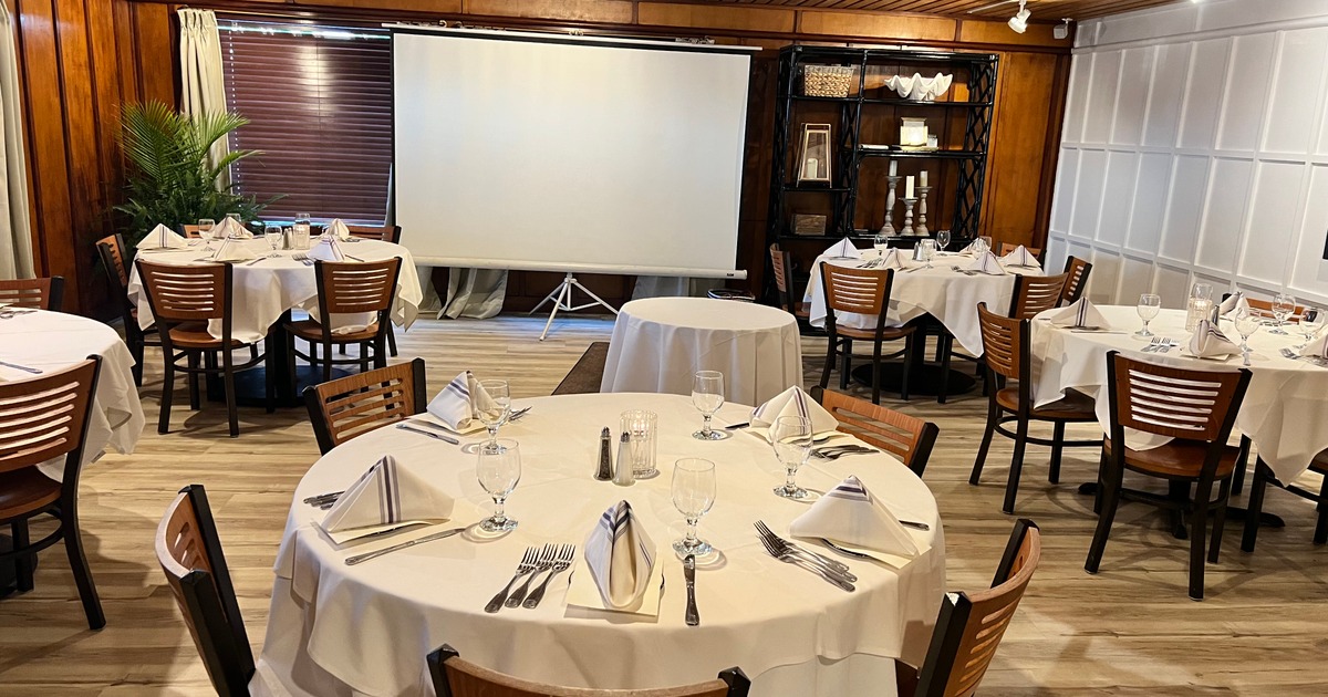 Inside, dining tables, projector screen