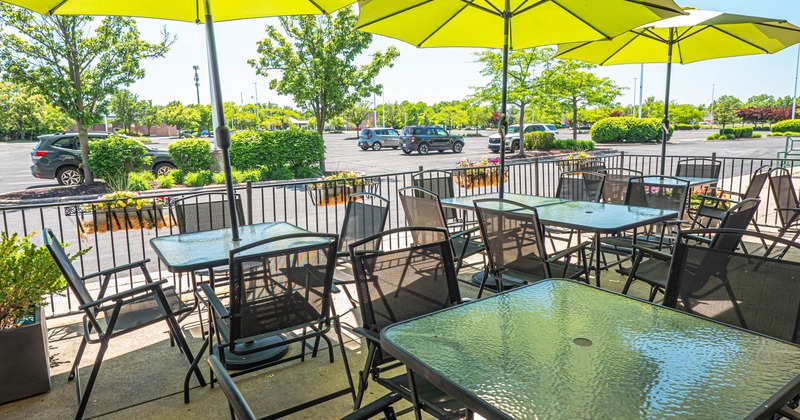 Exterior, tables and chairs ready for guests