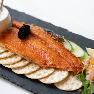 Smoked trout and crackers, with tartar sauce
