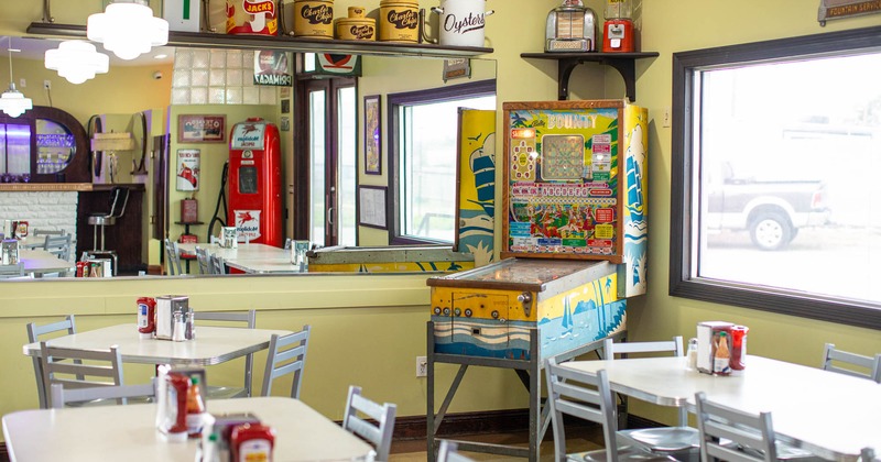 Interior, seating area, pinball machine