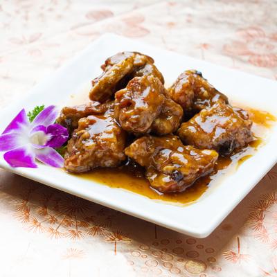 Pork ribs in honey garlic sauce.