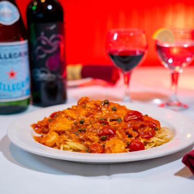 Salmon pasta in tomato sauce.