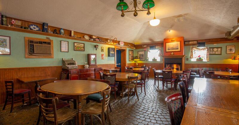 Interior, dining tables and seating , fireplace, vintage decorations