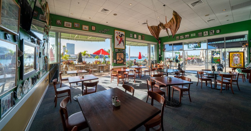 View from interior, open diner area to terrace