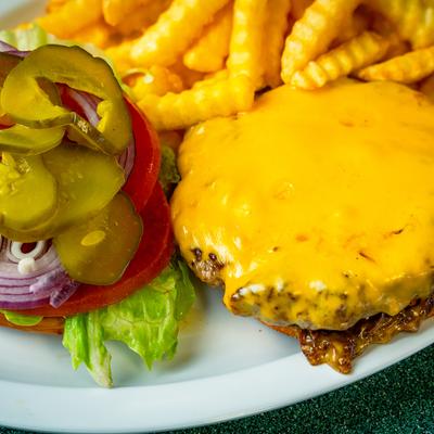 The Mega 8 ounce burger and fries.