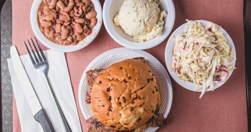 Beans, fresh salad and a Brisket Sandwich