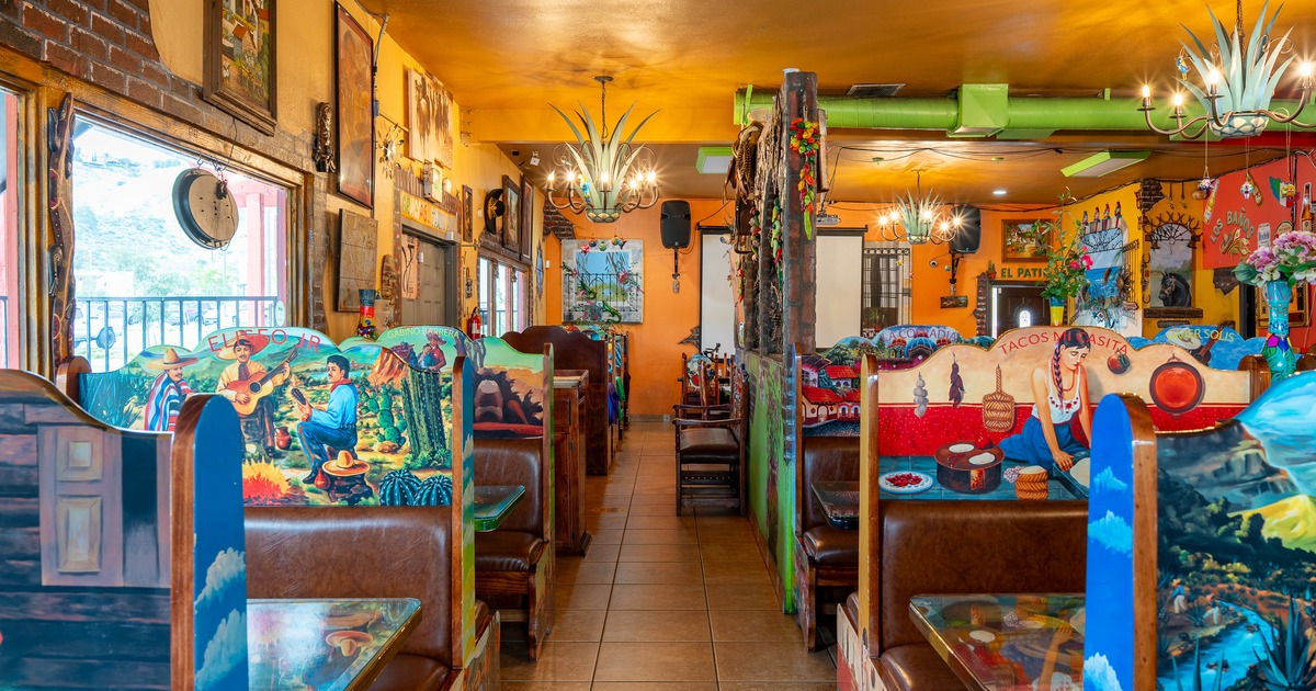Diner area, booths, chairs, wide view