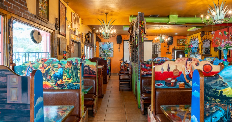 Diner area, booths, chairs, wide view