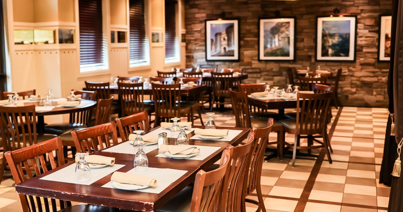 Interior, set dining tables and restaurant booths