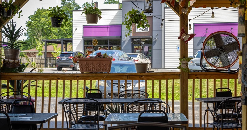 Outdoor seating area, tables and chairs