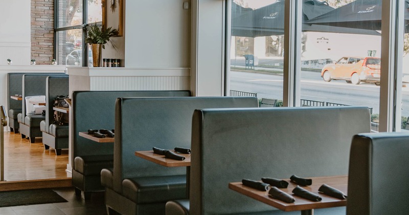 Interior, dining booths near window