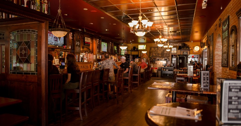 Interior, wooden bar and seating area