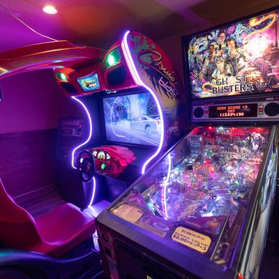Gaming area, pinball and arcade driving game machine.