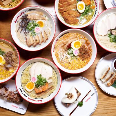 Table spread with assorted dish plates, top view.
