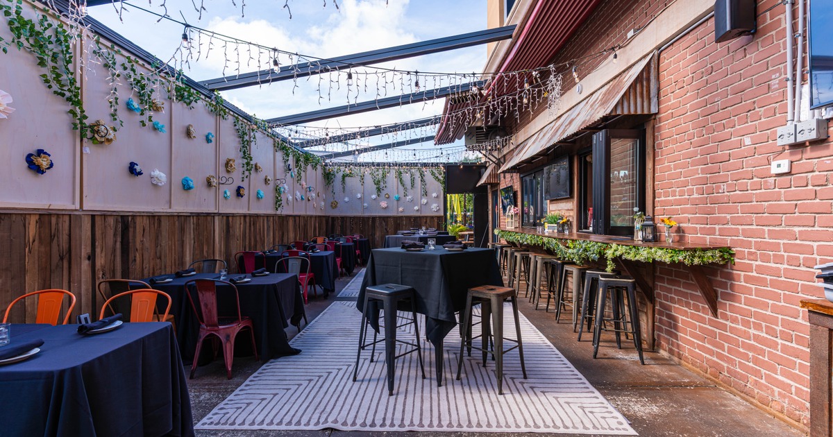 Exterior, set tables ready for guests