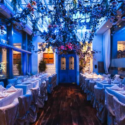 Dining room with blue lighting and hanging flowers.