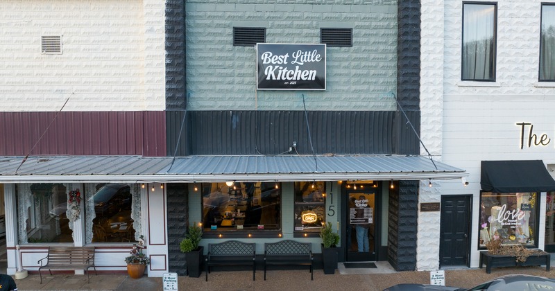 Exterior, front of restaurant, entrance, zign above, aerial view