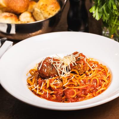 Spaghetti and homemade meatballs.