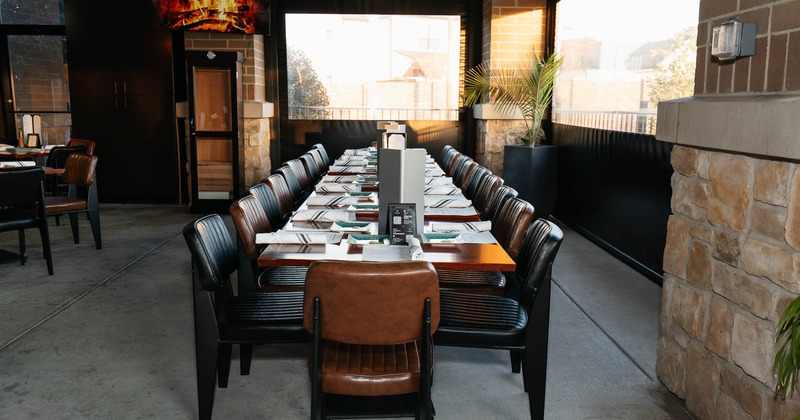 Interior, big table, chairs with tableware