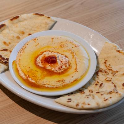 Hummus with pita bread.