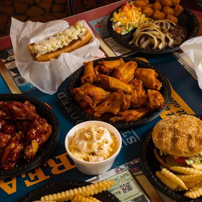 Various comfort food on a table.