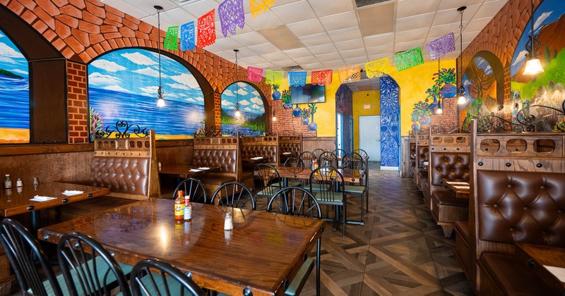 Interior, tables and chairs in dining area