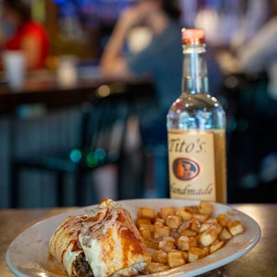 Breakfast burrito with potatoes.