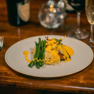 The Atlantic Salmon with whipped potato, Hollandaise Lobster sauce, asparagus.
