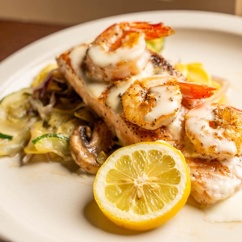 Grilled Salmon Topped with Shrimp photo