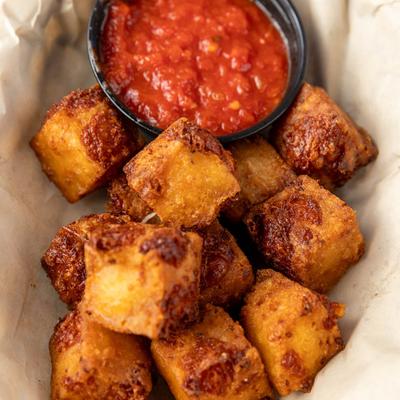 Cheese curds, top view.
