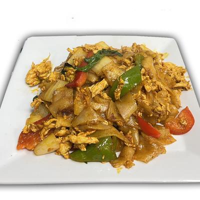 Stir fried flat rice noodles with egg, onion, bell pepper, chili and Thai basil.
