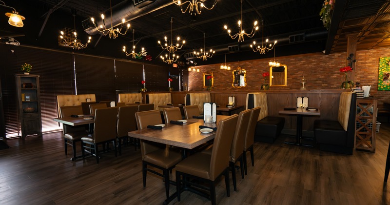 Interior, seating space with leather benches