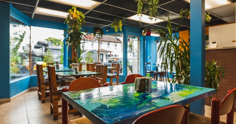 Interior, tables ready for guests