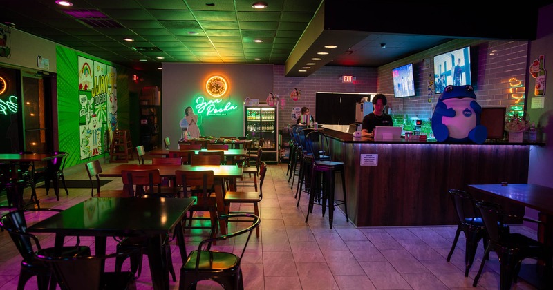 Interior, dimmed lights, dining area