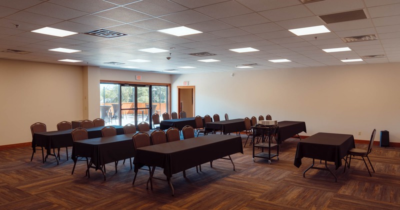 Interior, seating area with long tables