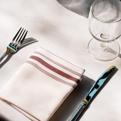 Table napkin, utensils, and glass.