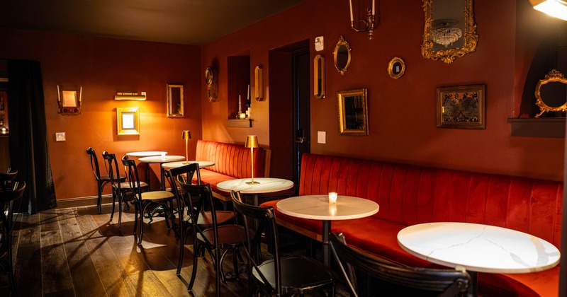 Interior, seating area with rounded bar tables