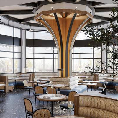 Modern dining room with central wood column and mix of seating options.