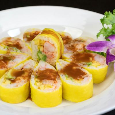 Lobster salad rolls, with shrimp, crab, avocado, cucumber, and mango, wrapped in soybean paper.
