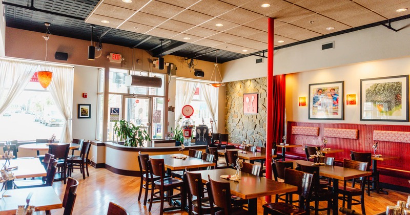 Interior, seating and dining areas, tables ready for guests