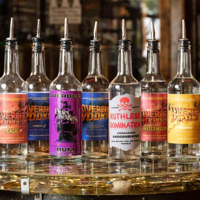 Assorted liquor bottles.