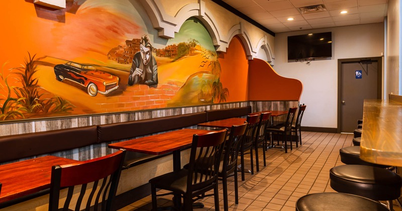 Interior, booths, chairs, tables, wall mural