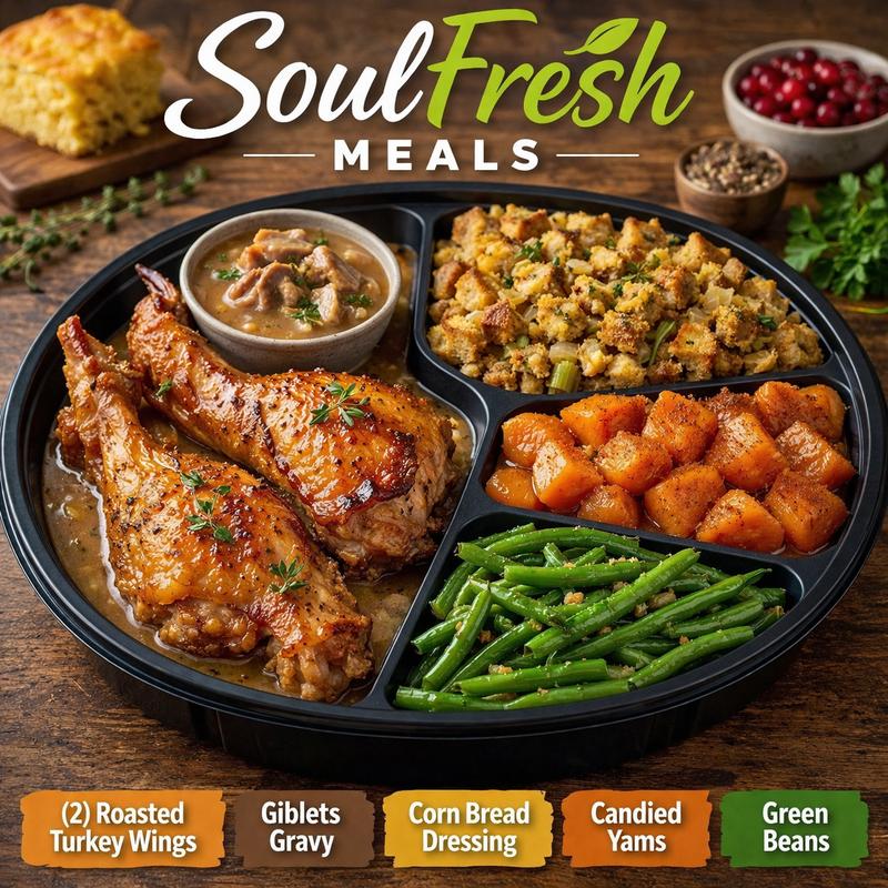 menu item 37 of 43, Roasted Turkey Wings | Giblets Gravy | Corn Bread Dressing | Candied Yams | Green Beans