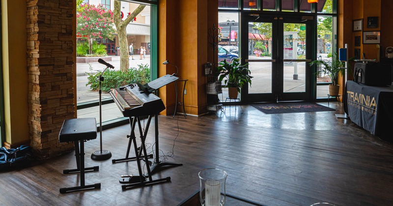 Keyboards and microphone in performing area